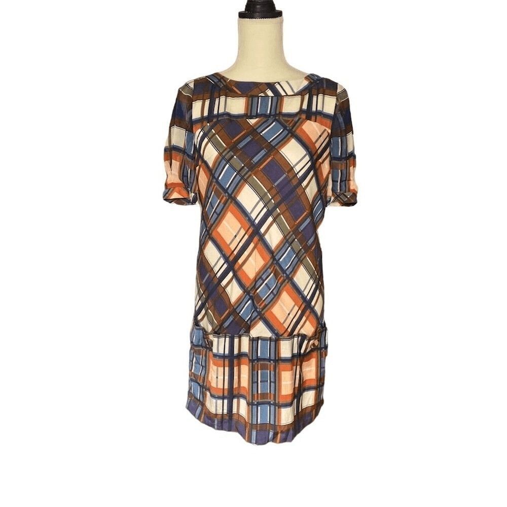 Anthropologie McGinn Plaid Shift Dress Size M Multicolor Short Sleeve FALL